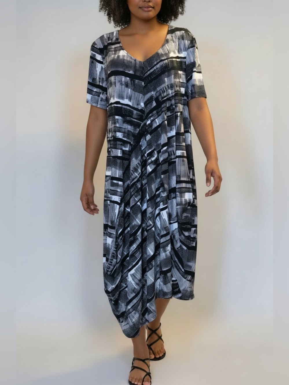 Compli K Black & White Abstract Print Asymmetrical Midi Dress XXL Made in Canada